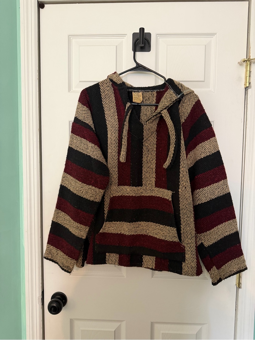 Vintage Y2K Striped Hooded Baja Sweater in Burgundy, Black & Tan